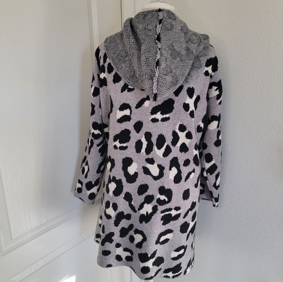 Open Front Grey Leopard Pocket Long Hooded Cardigan Size L Large - Picture 4 of 13
